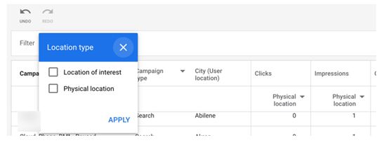 Φωτογραφεία με την καρτέλα Reports των google ads που συμπεριλαμβάνει τη στήλη που επιλέγεις τα Location type